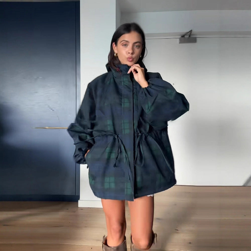 Women's Oversized Casual Plaid Jacket with Practical Pockets and Drawstring Waist