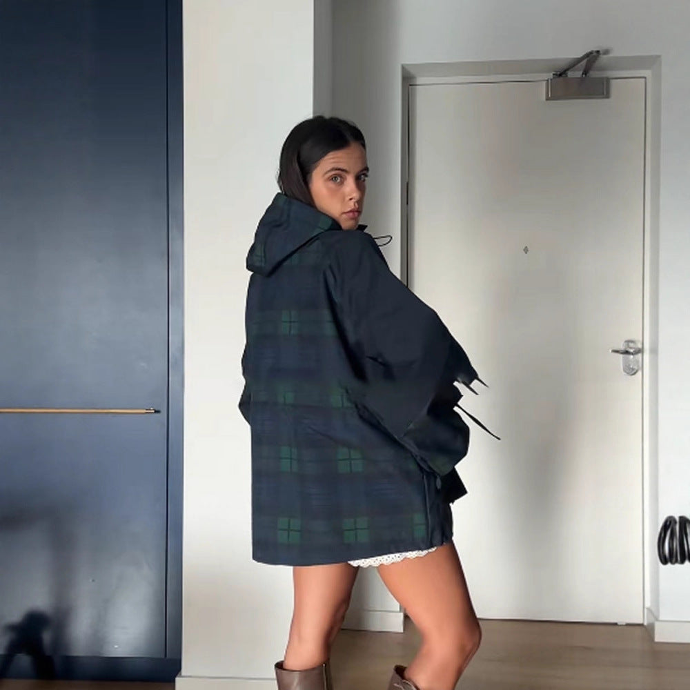 Women's Oversized Casual Plaid Jacket with Practical Pockets and Drawstring Waist