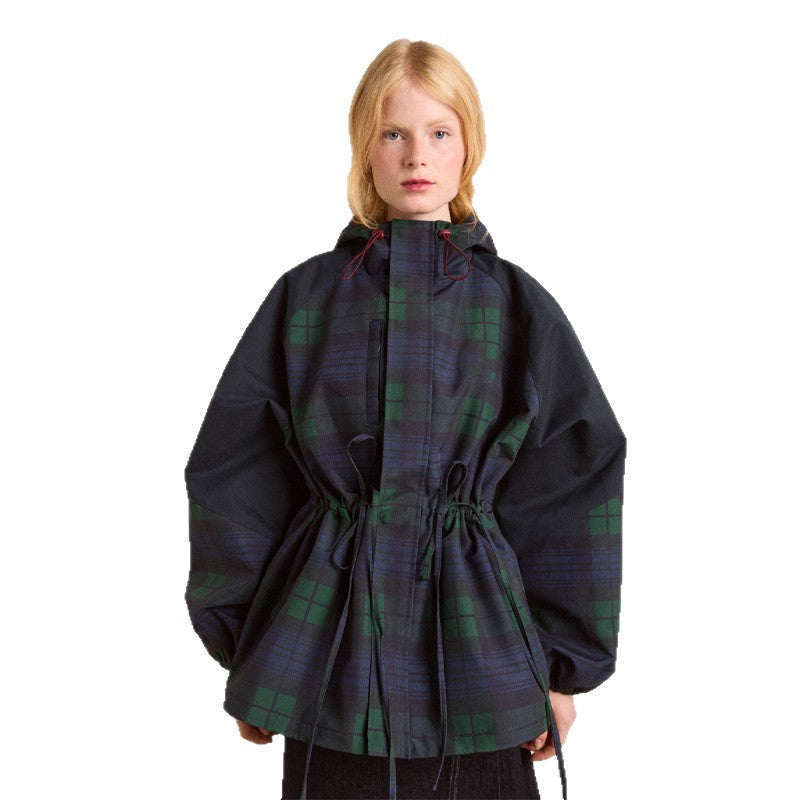 Women's Oversized Casual Plaid Jacket with Practical Pockets and Drawstring Waist