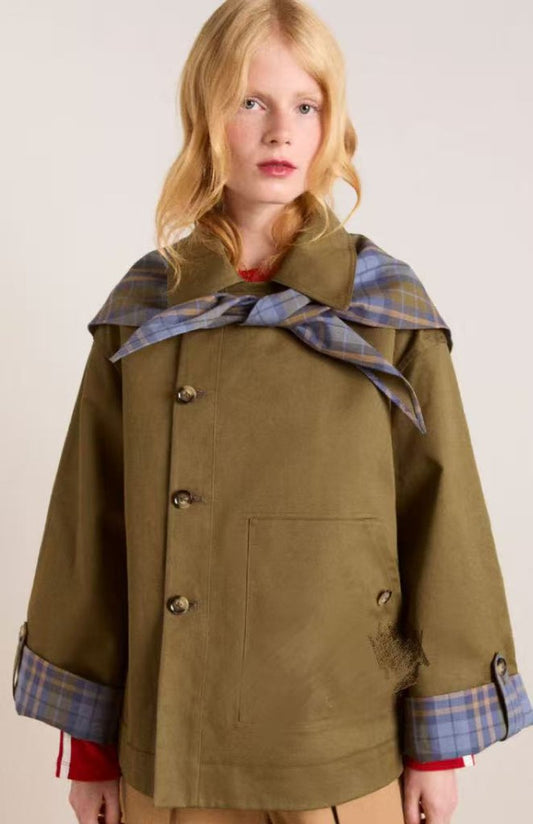 Women's Oversized Double-Breasted Plaid-Lined Trench Coat