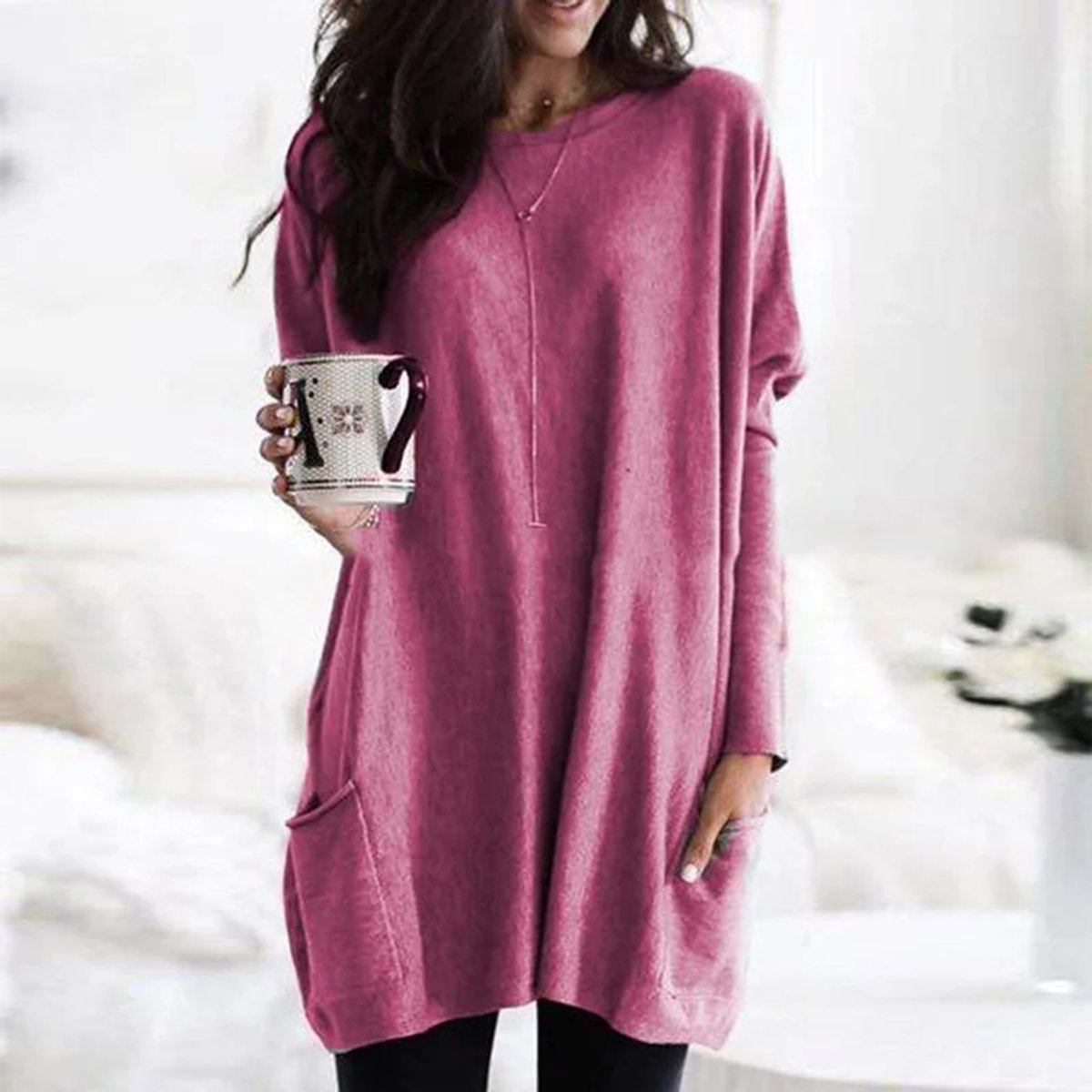 Women's Oversized Long-Sleeve Tunic Top with Pockets