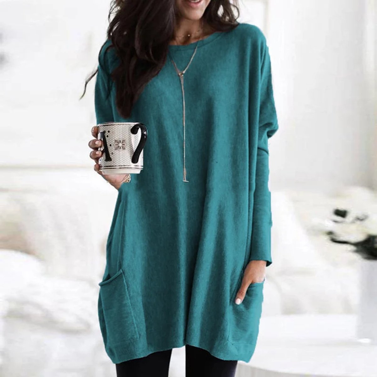 Women's Oversized Long-Sleeve Tunic Top with Pockets