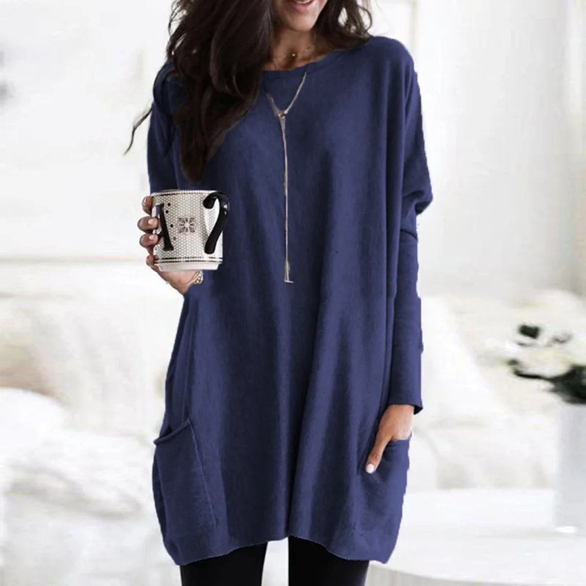 Women's Oversized Long-Sleeve Tunic Top with Pockets