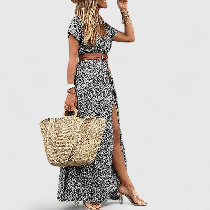 Women's Paisley Print V-Neck Short Sleeve Belted Boho Maxi Dress