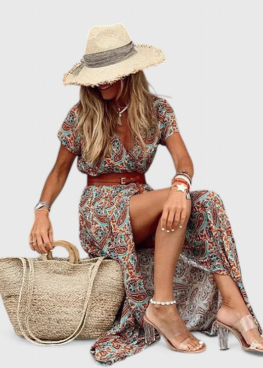 Women's Paisley Print V-Neck Short Sleeve Belted Boho Maxi Dress
