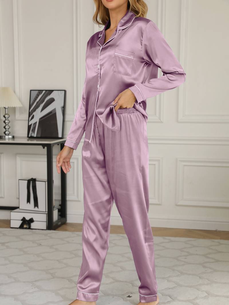 Women's Pajama Set with Button-Up Shirt and Long Pants