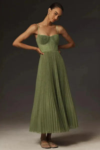 Women's Pleated A-Line Midi Dress with Bustier Bodice and Spaghetti Straps