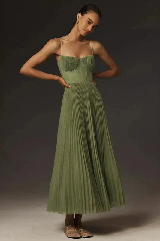 Women's Pleated A-Line Midi Dress with Bustier Bodice and Spaghetti Straps