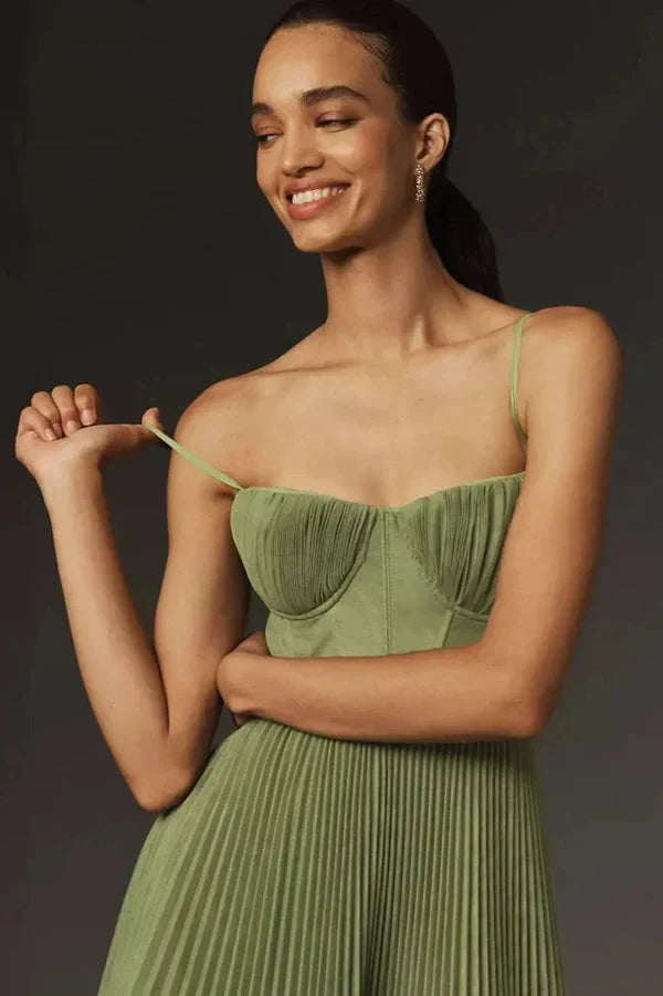 Women's Pleated A-Line Midi Dress with Bustier Bodice and Spaghetti Straps