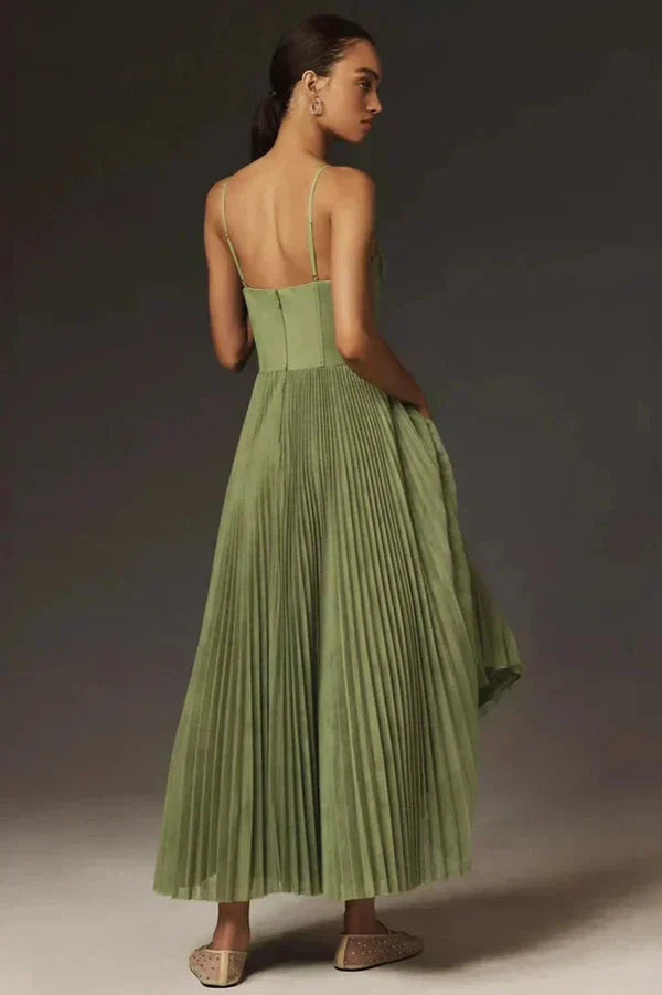 Women's Pleated A-Line Midi Dress with Bustier Bodice and Spaghetti Straps