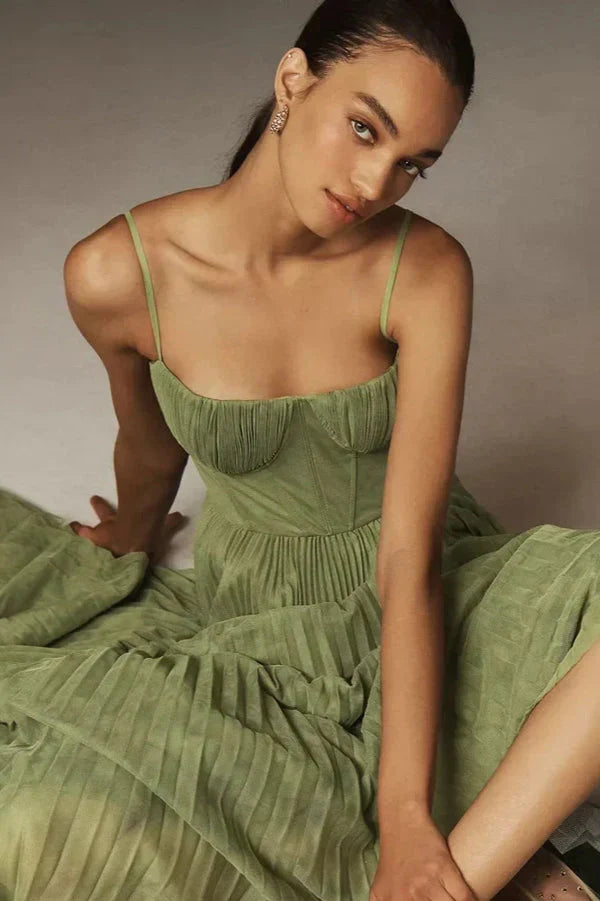 Women's Pleated A-Line Midi Dress with Bustier Bodice and Spaghetti Straps