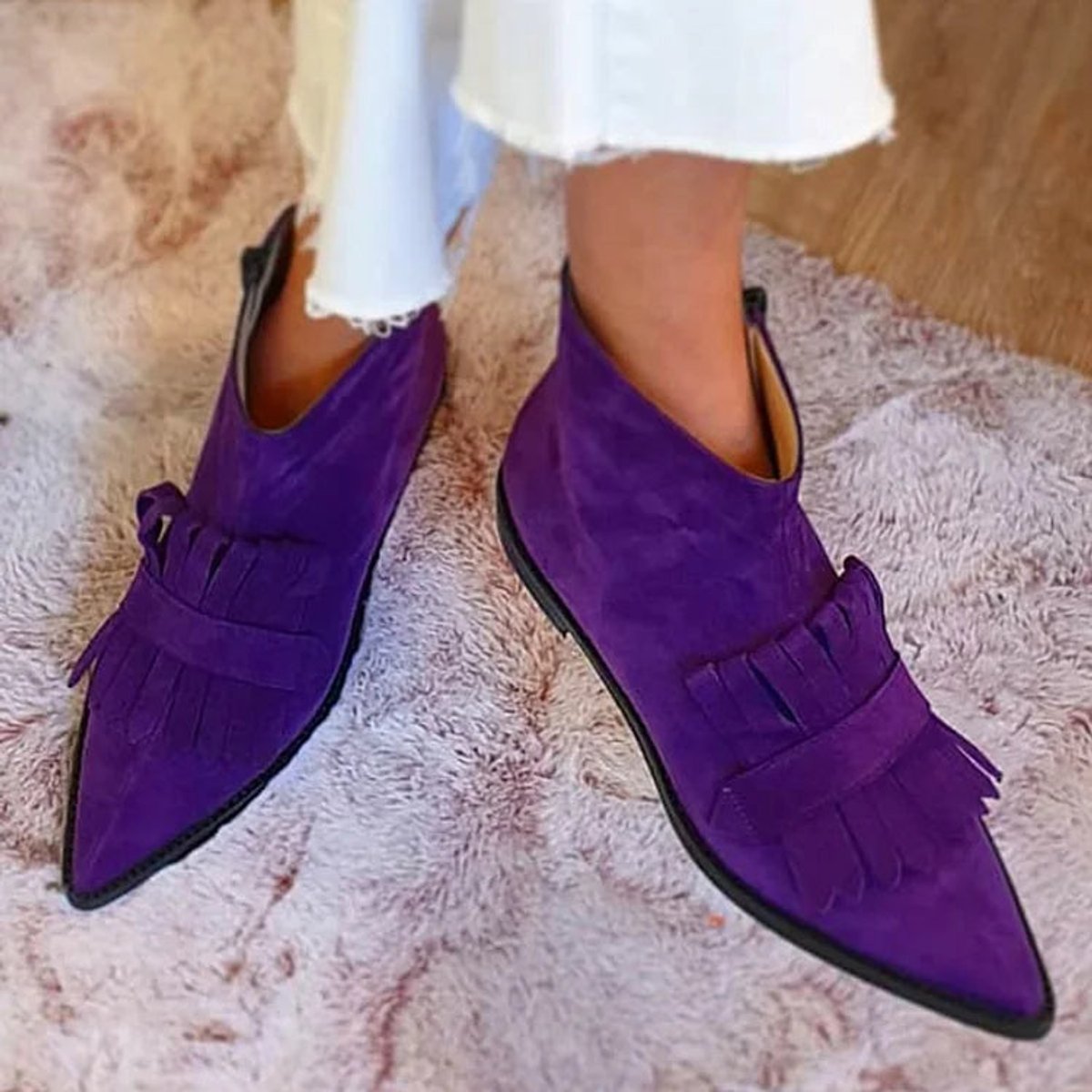Women's Pointed-Toe Fringe Slip-On Ankle Boots