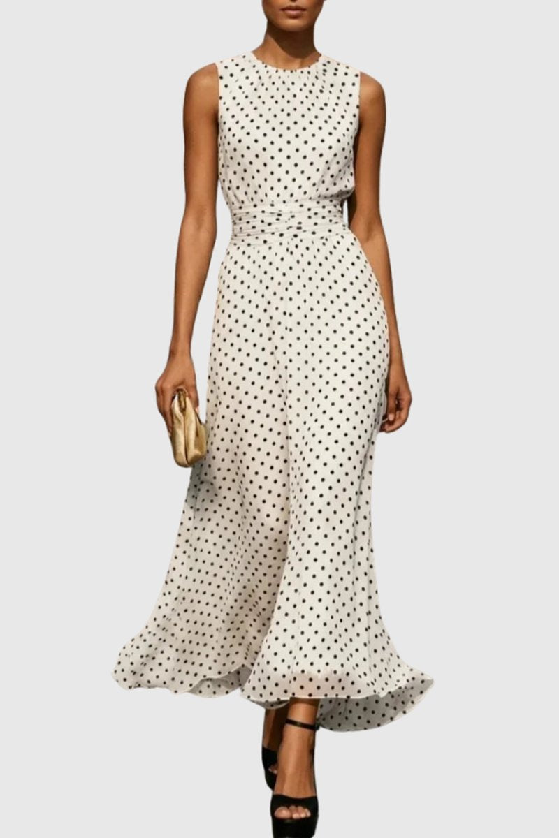 Women's Polka Dot Sleeveless Ruffle-Hem Maxi Evening Gown