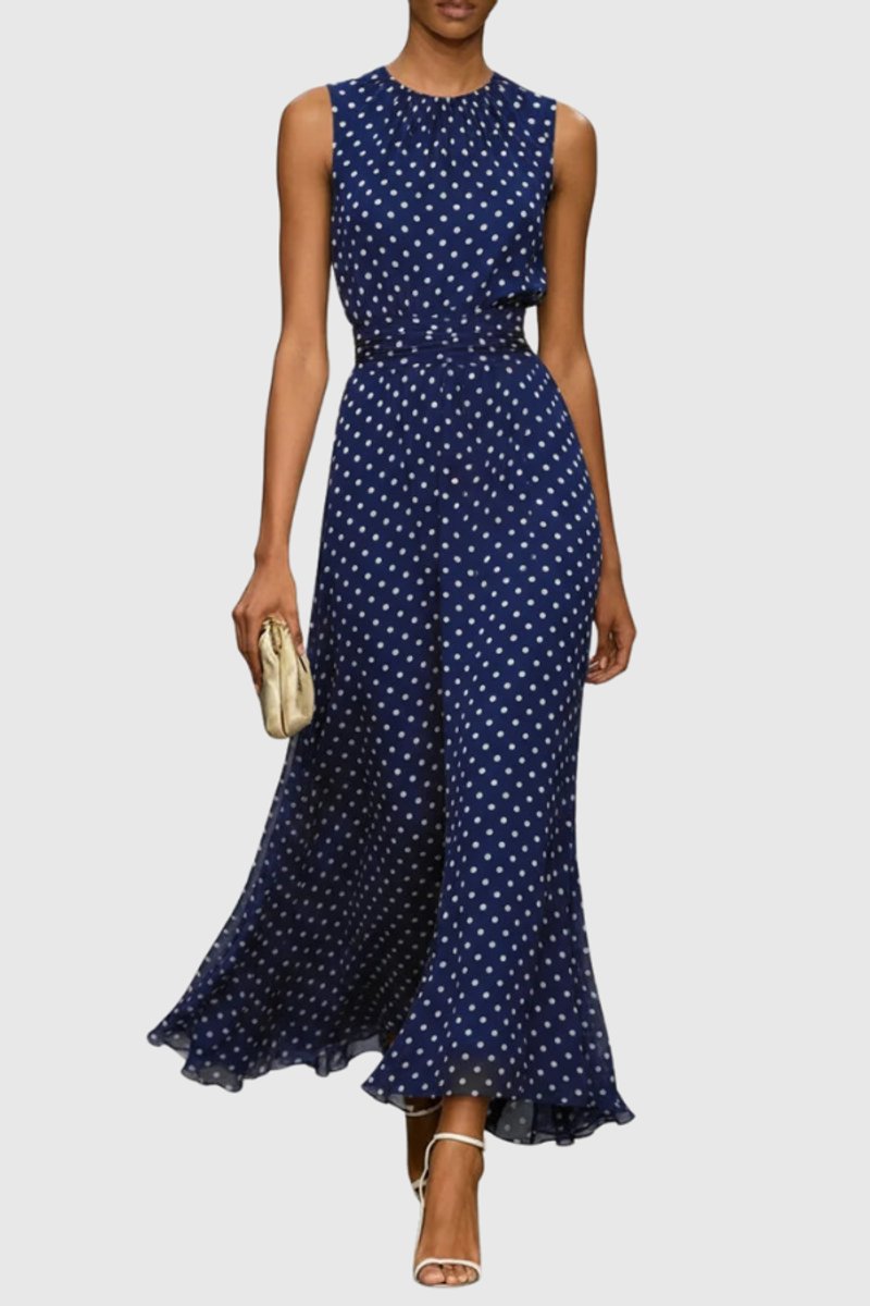 Women's Polka Dot Sleeveless Ruffle-Hem Maxi Evening Gown