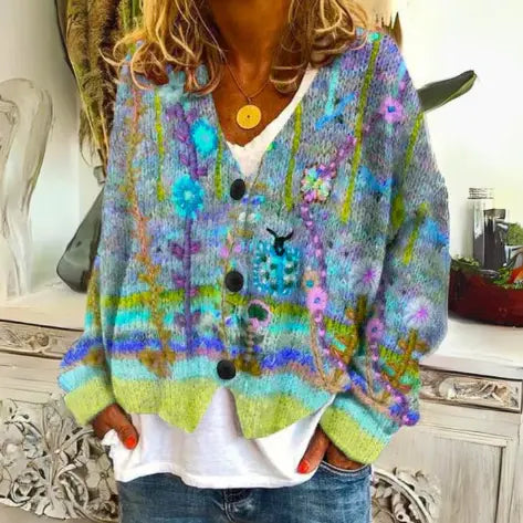 Women's Relaxed-Fit Cardigan with Abstract Floral Print