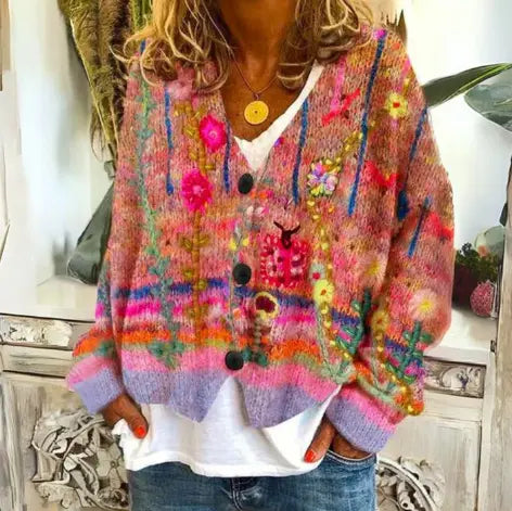 Women's Relaxed-Fit Cardigan with Abstract Floral Print