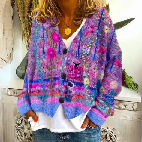 Women's Relaxed-Fit Cardigan with Abstract Floral Print