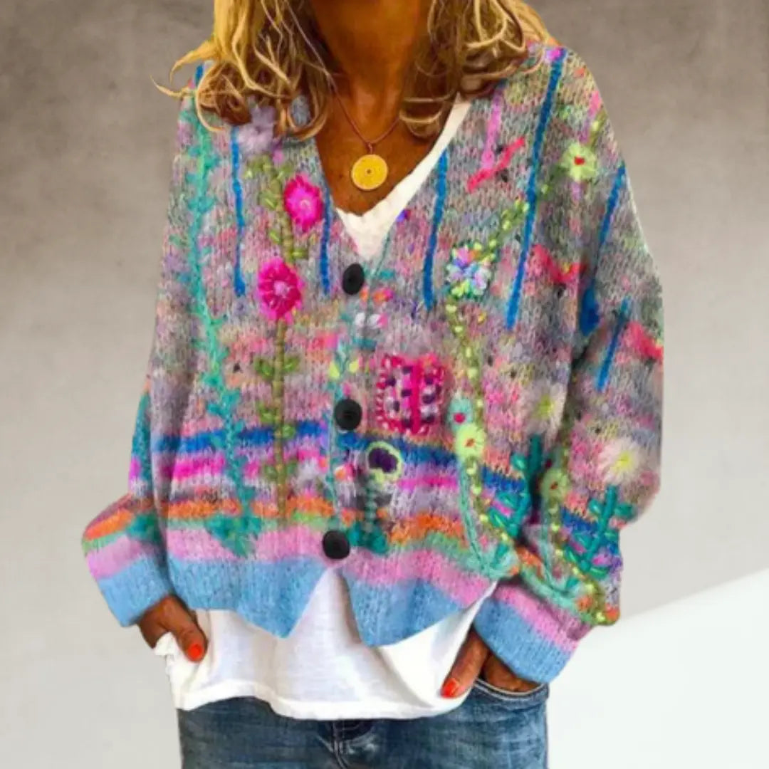 Women's Relaxed-Fit Cardigan with Abstract Floral Print