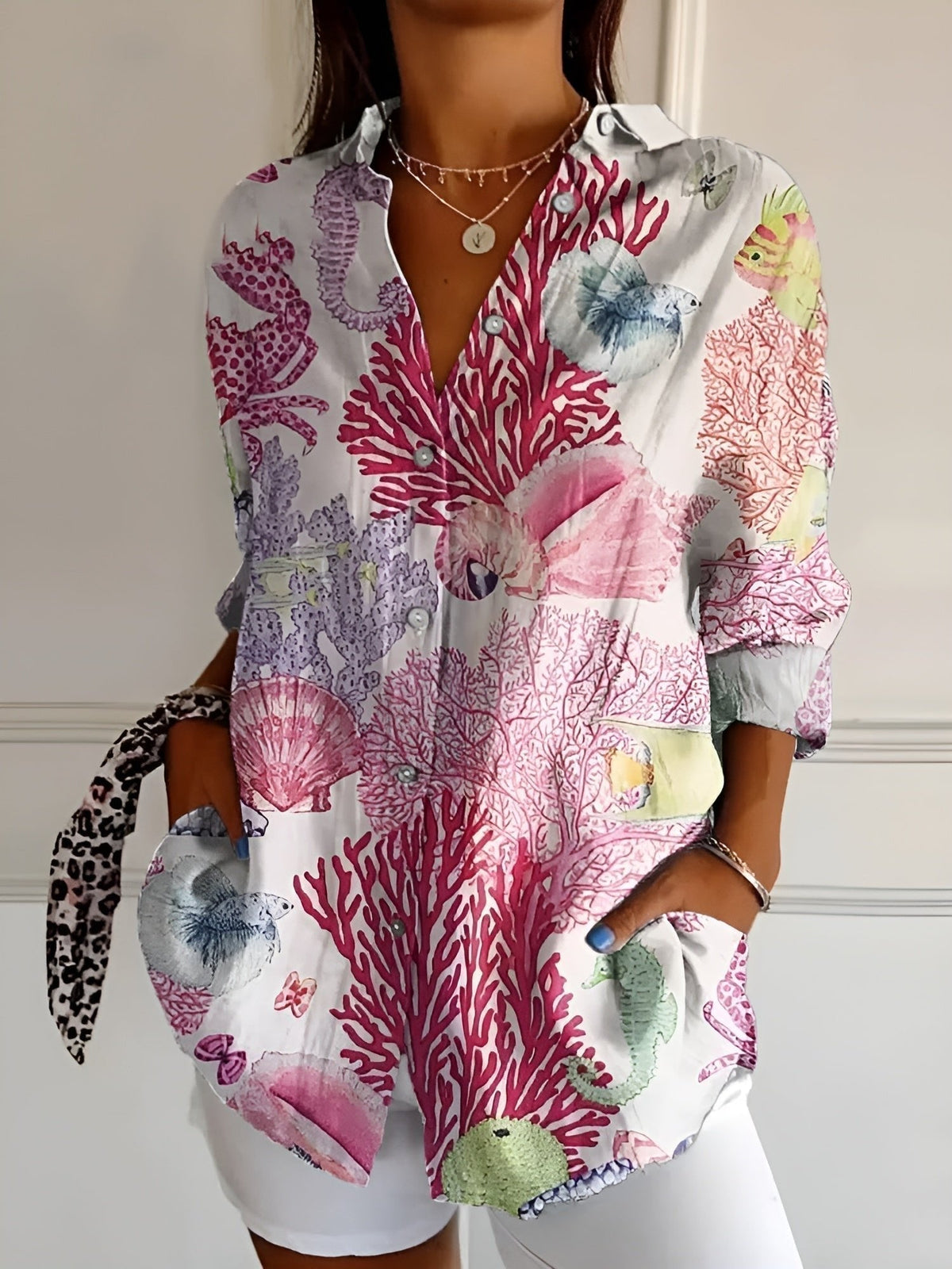Women's Relaxed-Fit Floral Button-Down Long-Sleeve Blouse