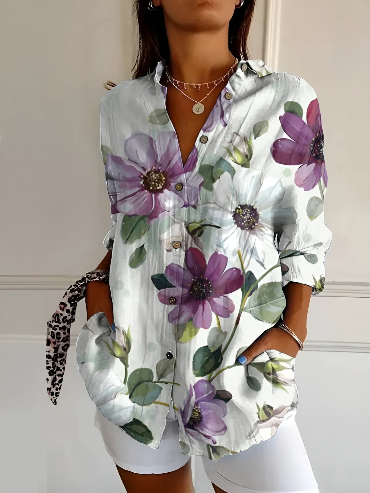 Women's Relaxed-Fit Floral Button-Down Long-Sleeve Blouse
