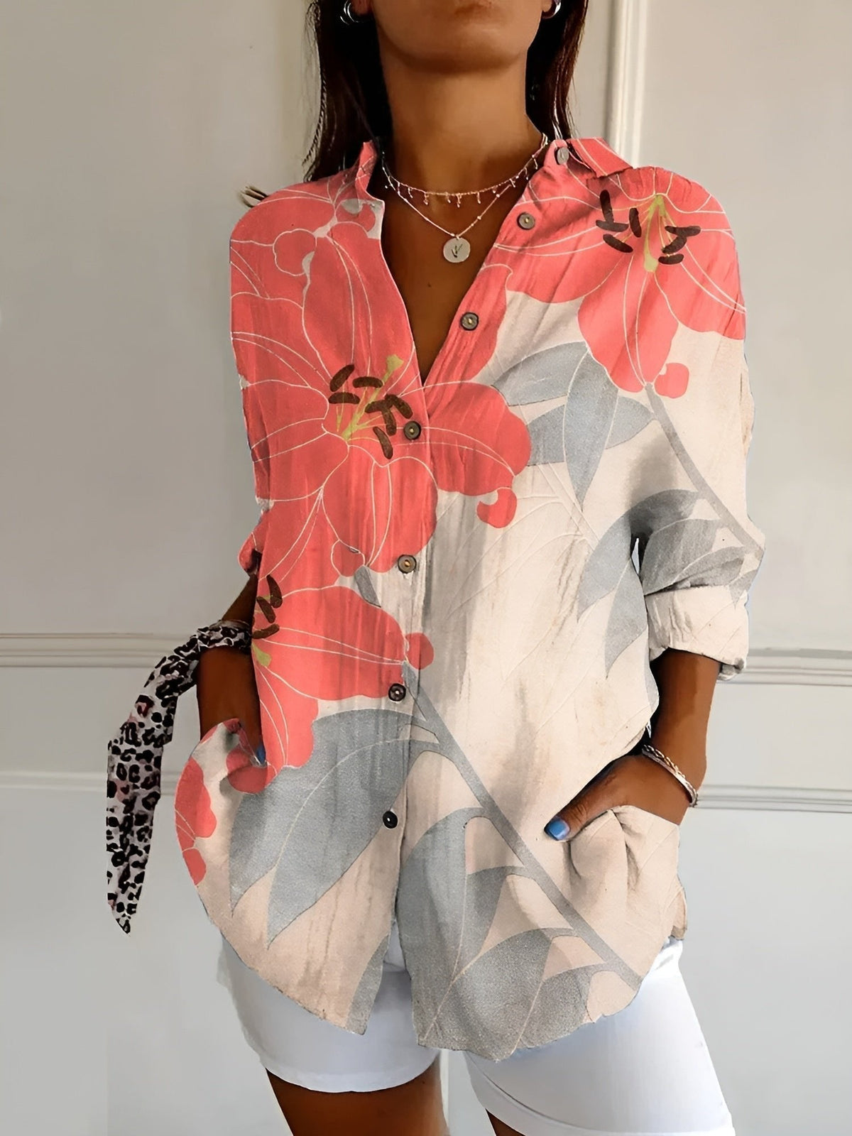 Women's Relaxed-Fit Floral Button-Down Long-Sleeve Blouse