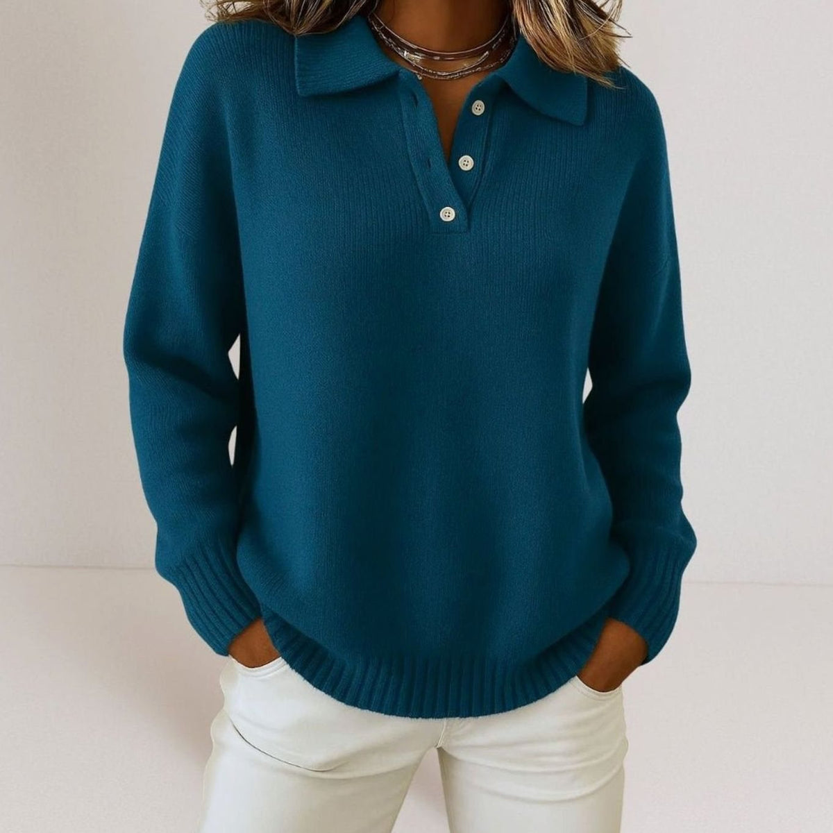 Women's Relaxed-Fit Polo Collar Button-Placket Sweater