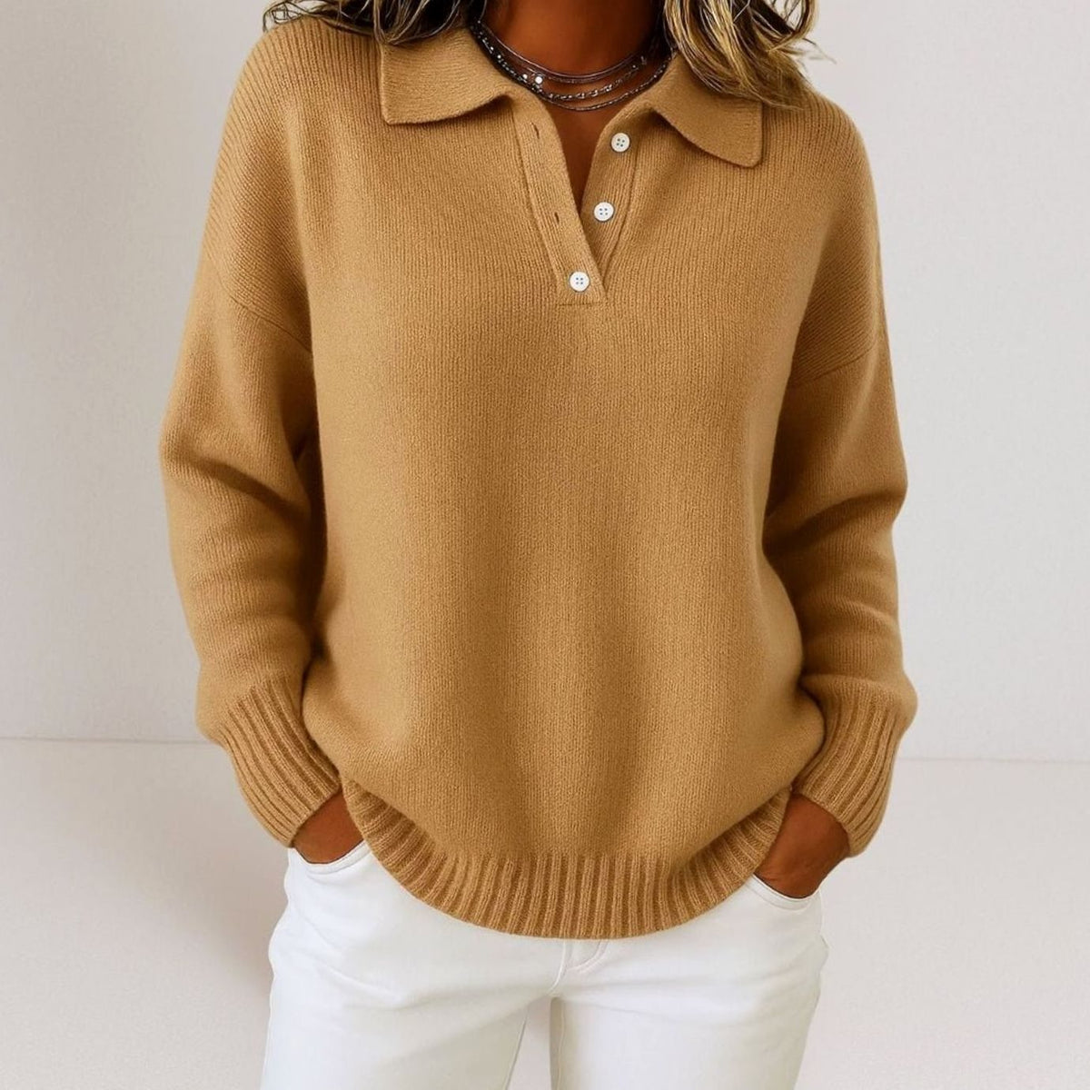 Women's Relaxed-Fit Polo Collar Button-Placket Sweater