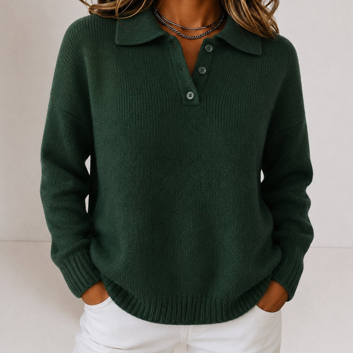 Women's Relaxed-Fit Polo Collar Button-Placket Sweater