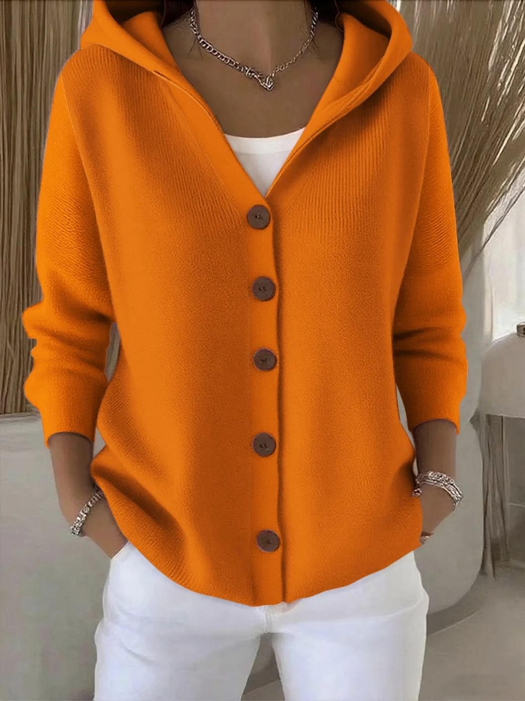 Women's Relaxed Hooded Button-Front Cardigan Sweater