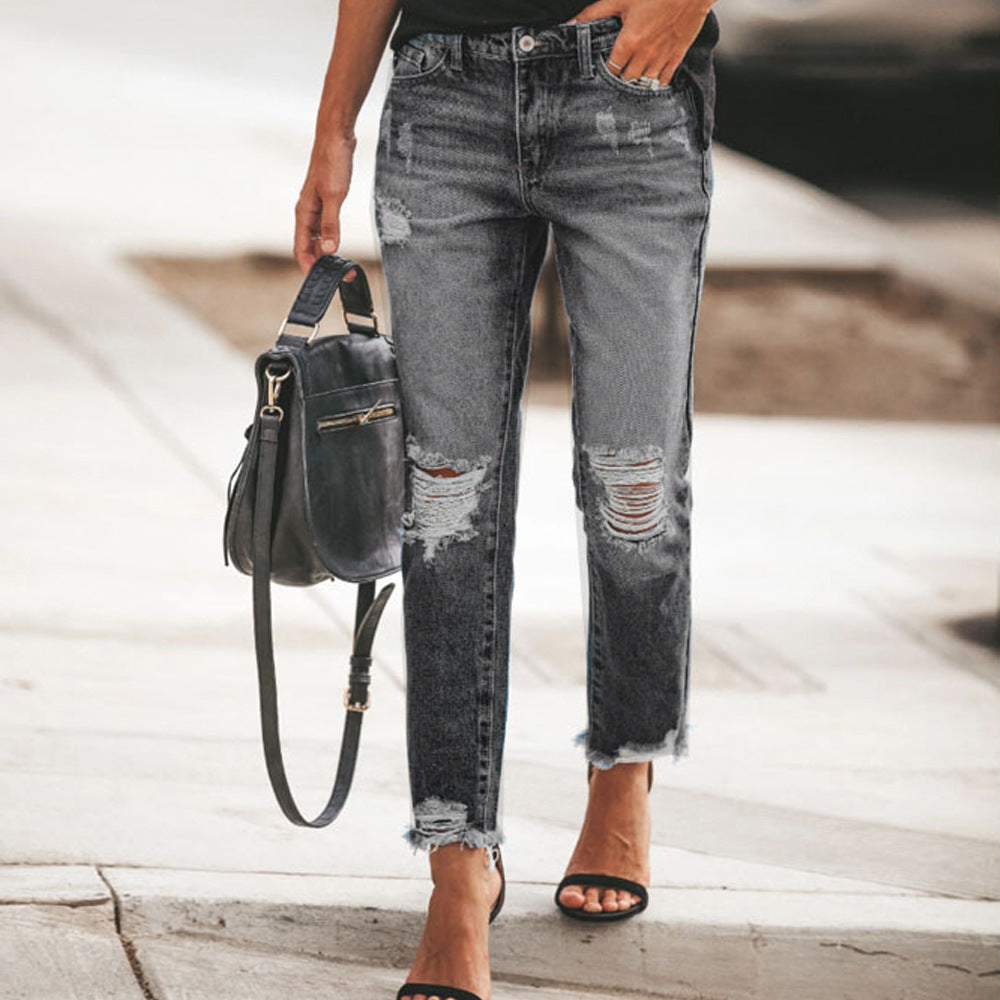 Women's Ripped Jeans with Casual Fit and Frayed Hem