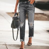 Women's Ripped Jeans with Casual Fit and Frayed Hem