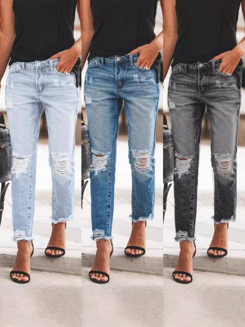 Women's Ripped Jeans with Casual Fit and Frayed Hem