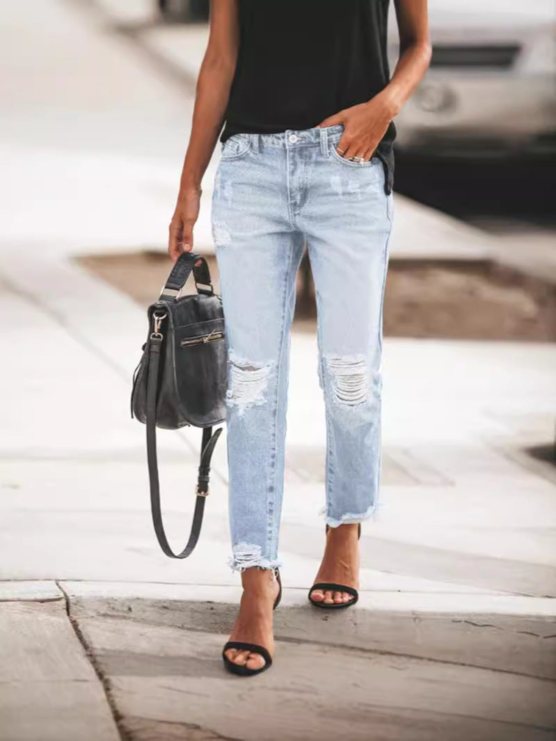Women's Ripped Jeans with Casual Fit and Frayed Hem