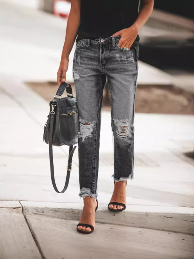 Women's Ripped Jeans with Casual Fit and Frayed Hem