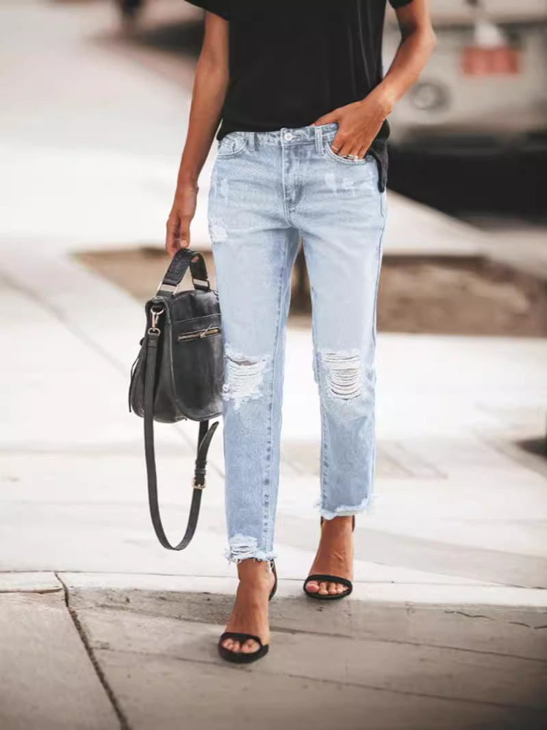 Women's Ripped Jeans with Casual Fit and Frayed Hem