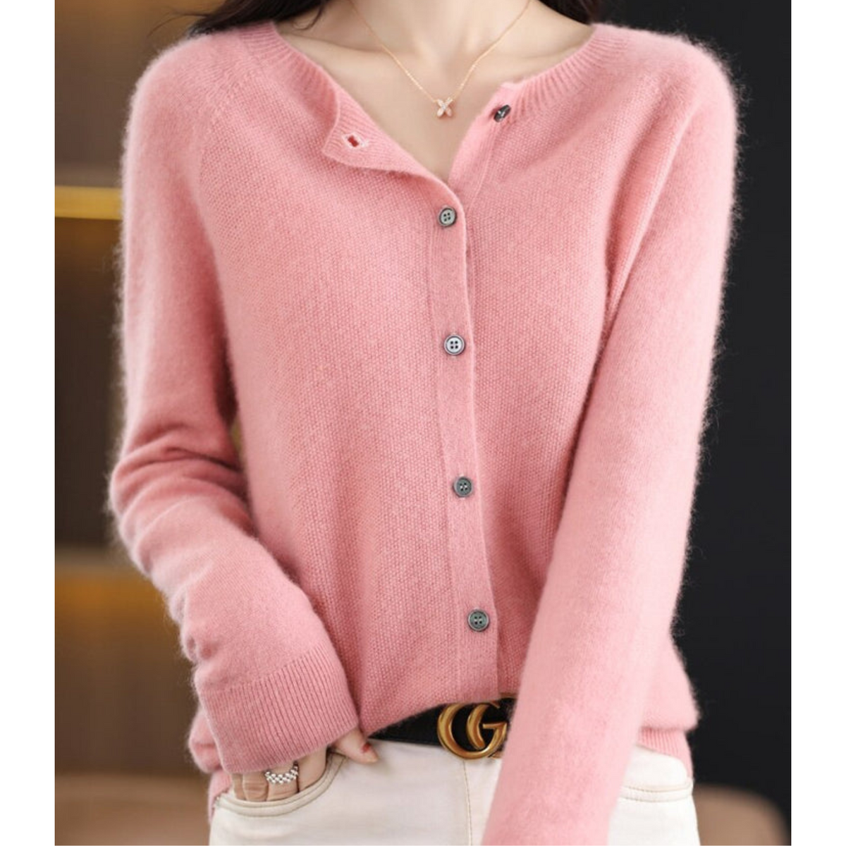 Women's Round Neck Cardigan - White Sweater
