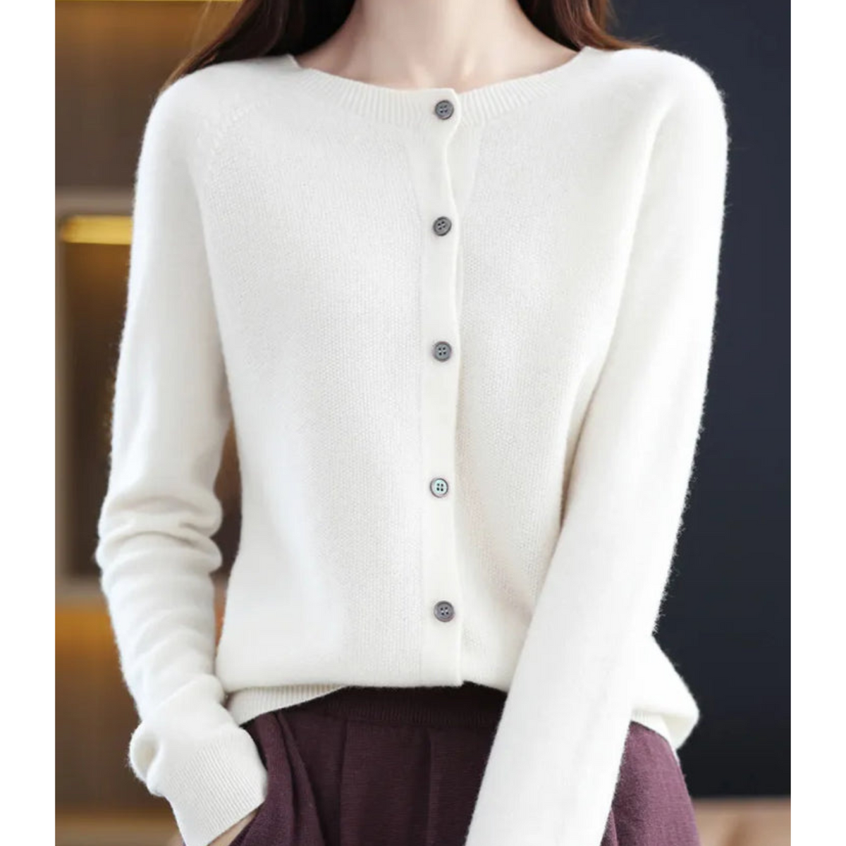 Women's Round Neck Cardigan - White Sweater