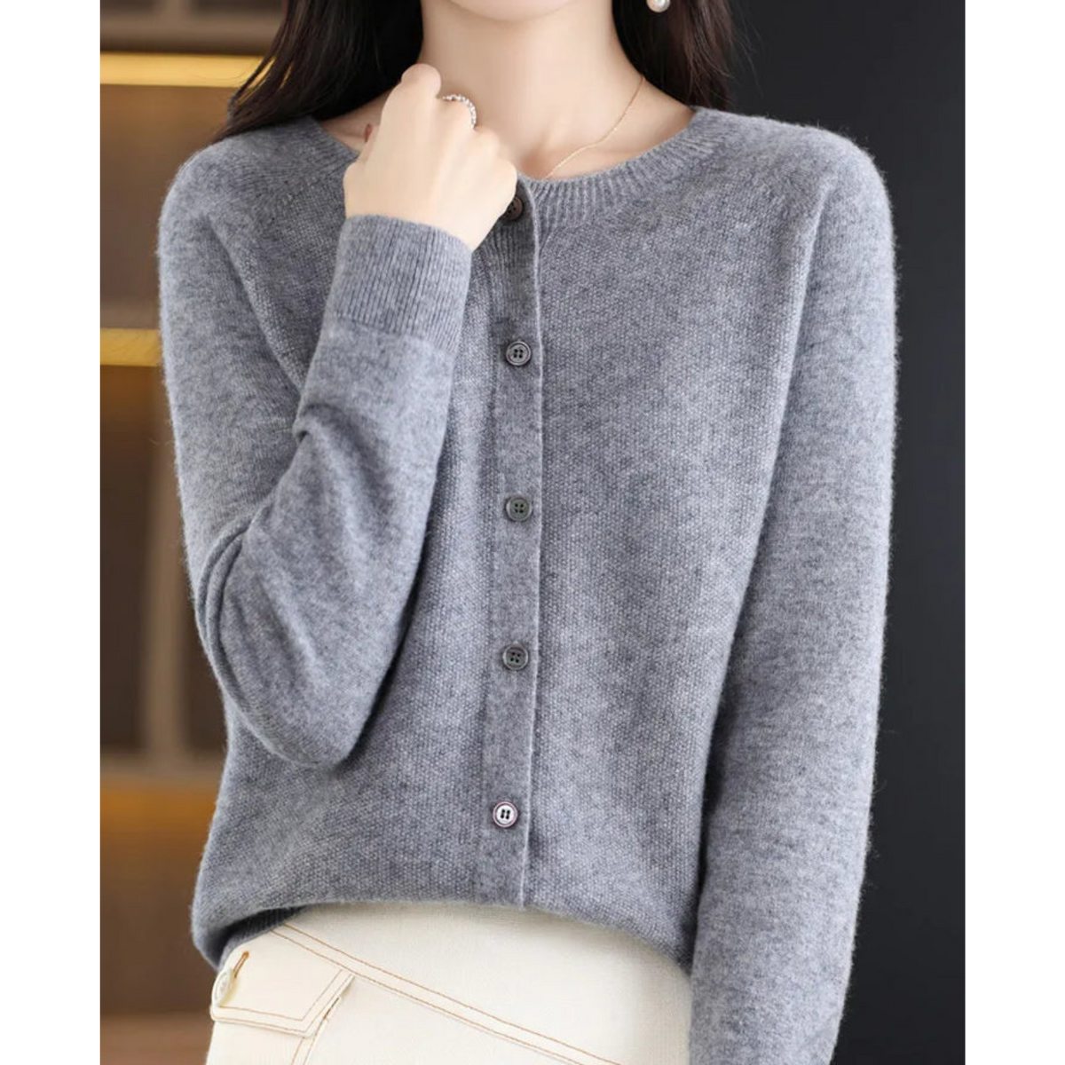 Women's Round Neck Cardigan - White Sweater