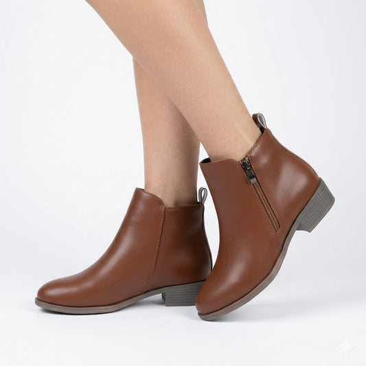Women's Round Toe Ankle Boots with Low Block Heel and Side Zip