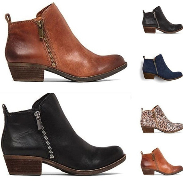 Women's Round Toe Ankle Boots with Low Block Heel and Side Zip