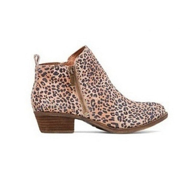 Women's Round Toe Ankle Boots with Low Block Heel and Side Zip