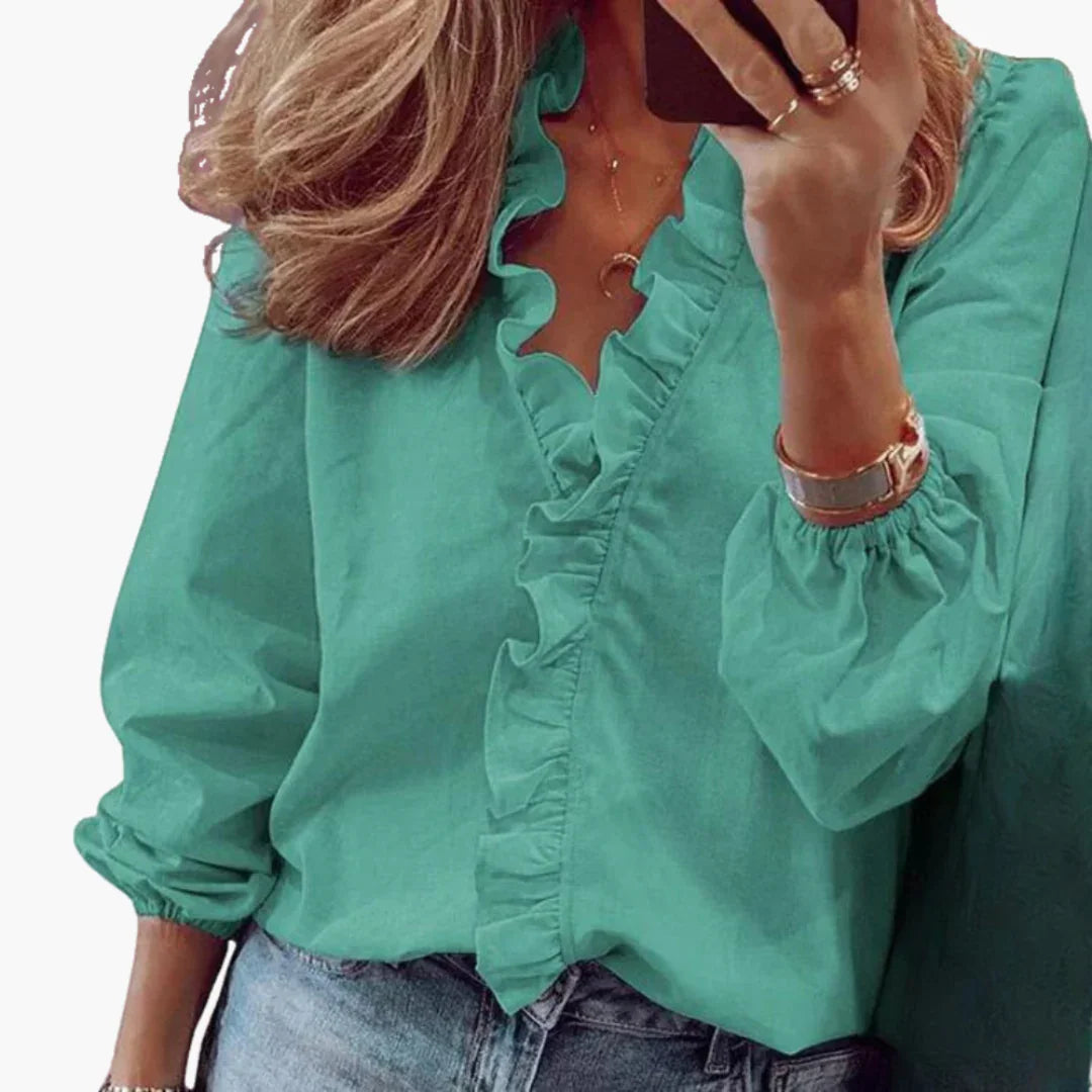 Women's Ruffle V-Neck Long Sleeve Blouse