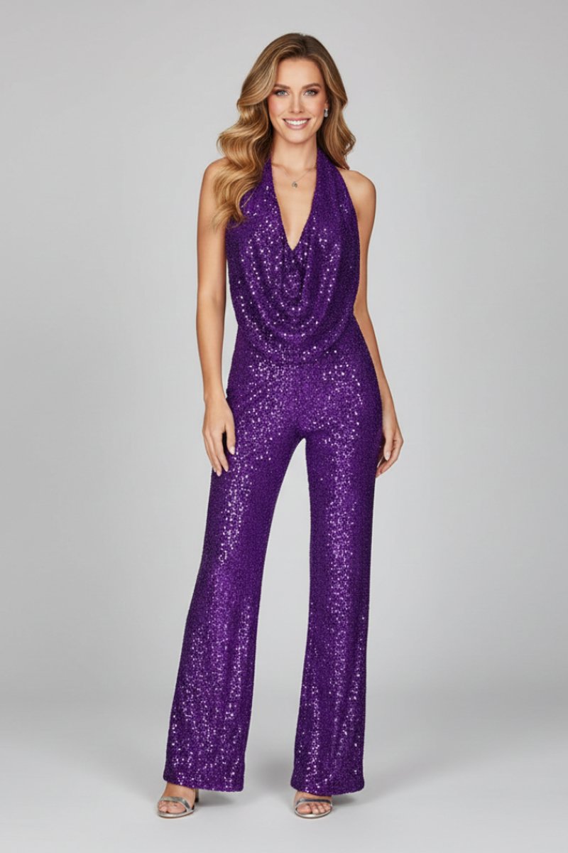 Women's Sequin Halter Cowl-Neck Wide-Leg Jumpsuit