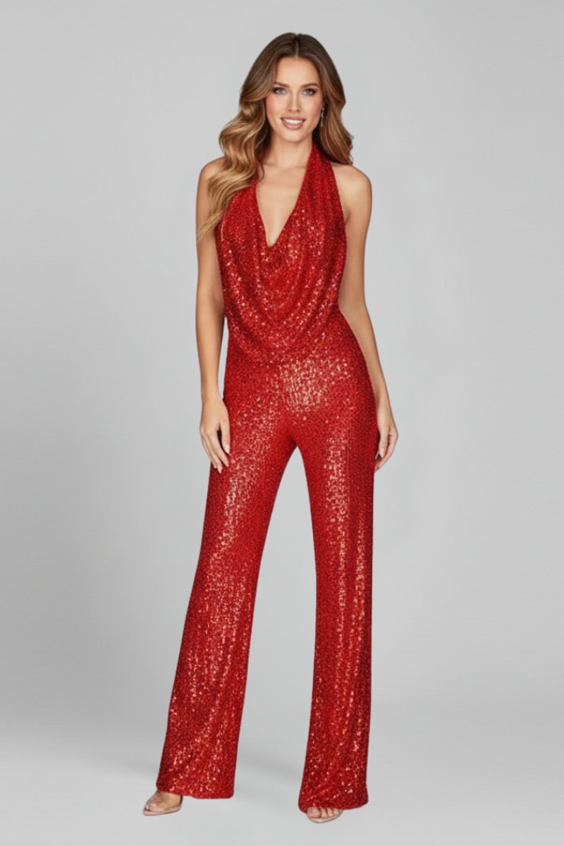 Women's Sequin Halter Cowl-Neck Wide-Leg Jumpsuit