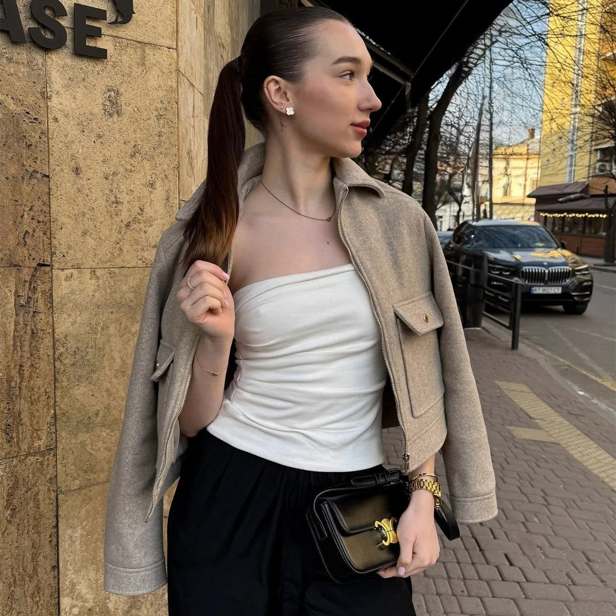 Women's Short Zip-Front Bomber Jacket with Cuffs
