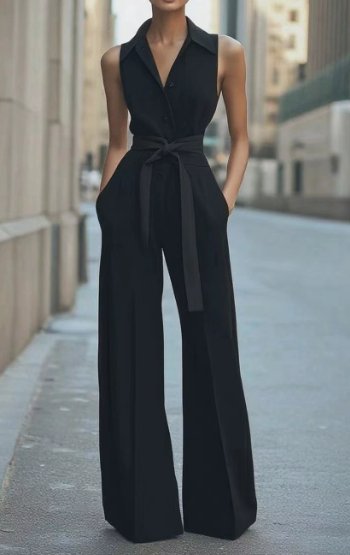Women's Sleeveless Belted Wide-Leg Button-Front Jumpsuit