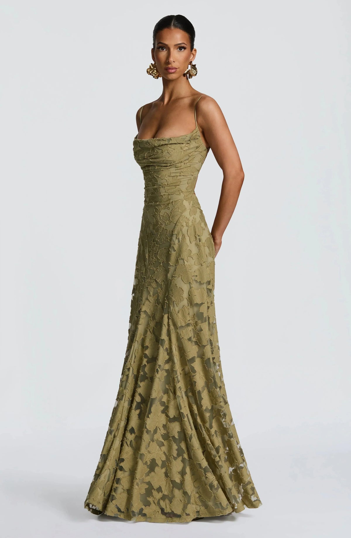 Women's Sleeveless Cowl Neck Maxi Dress with Floral Pattern