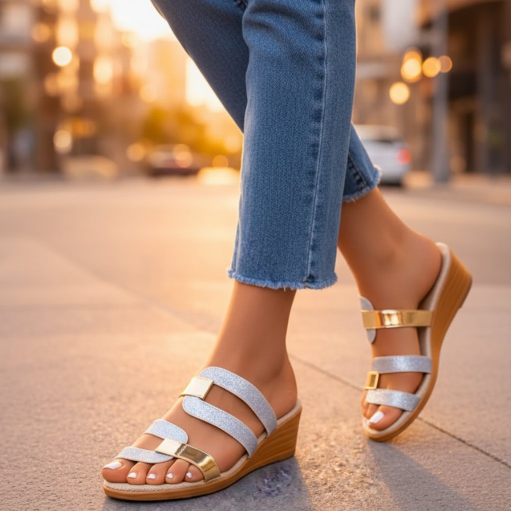 Women's Slip-On Orthopedic Glitter Sandals with Gold Accents