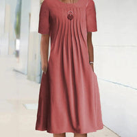 Women's Solid Pleated Round Neck Long Sleeve Dress