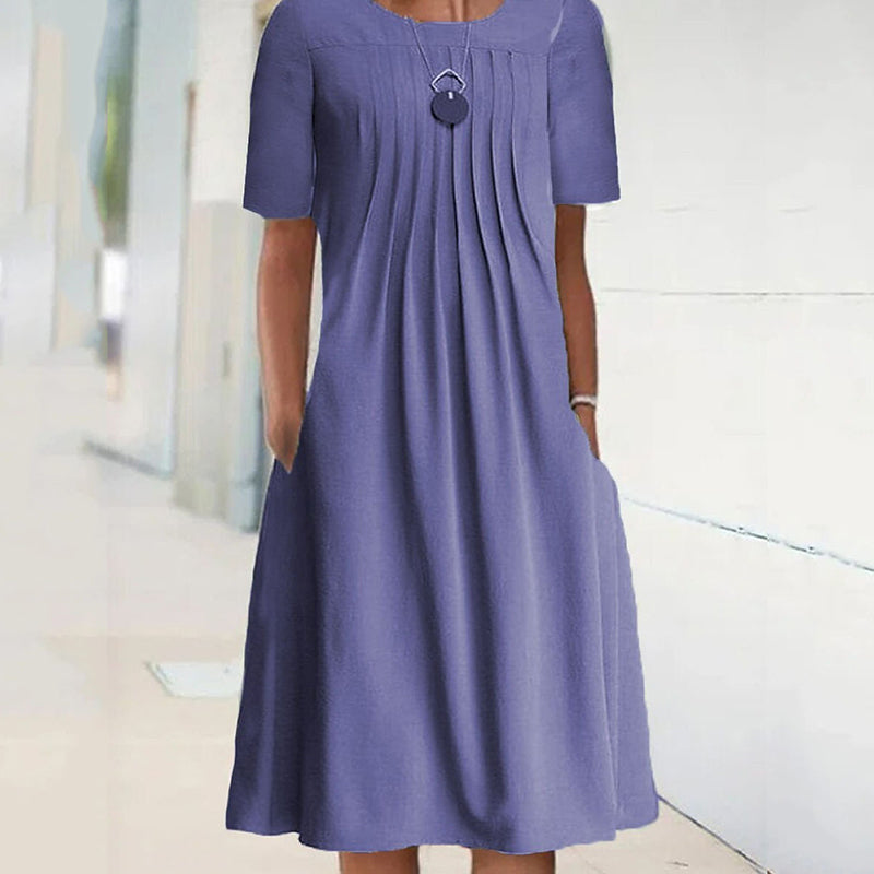 Women's Solid Pleated Round Neck Long Sleeve Dress